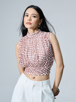 Twenty Dresses by Nykaa Fashion - Brown Checkered High Neck Incut Sleeves Pleated Top