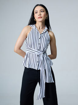 Twenty Dresses by Nykaa Fashion - White Solid Collared Sleeveless Tie Up Top