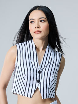 Twenty Dresses by Nykaa Fashion - Black and White Striped Lapel Collar Sleeveless Vest Top