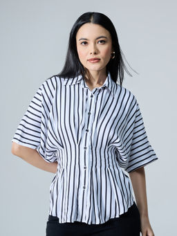 Twenty Dresses by Nykaa Fashion - Black and White Striped Drop Shoulder Sleeves Shirt