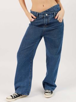 Outzidr - Navy Blue Criss Cross Waistband Jeans