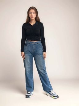 Outzidr - Blue High Rise Stylized Pocket Denim