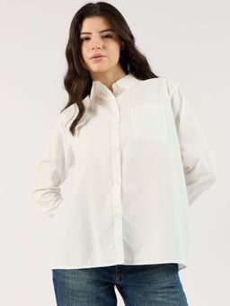 Outzidr - Solid Cotton White Oversized Street Style Shirt