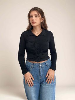 Outzidr - Cropped Black Ruched Party Shirt