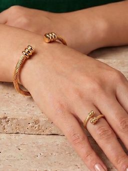 RUNORAA - Women Gold Stainless Steel Contemporary Cuff with Ring