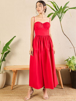 Uptownie - Red Corset Style Cotton Poplin Maxi Dress