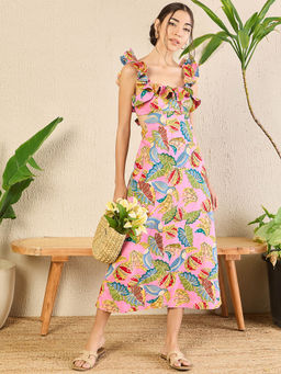 Uptownie - Pink Printed Ruffled Neck Dress