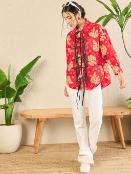 Uptownie - Women's Red Printed Tie-Up Full Sleeve Cotton Shirt