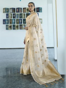 Akhilam - Women Silk Blend Off White Woven Design Designer Saree with Blouse Piece