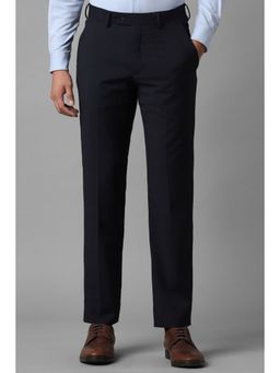 Louis Philippe - Men Navy Blue Slim Fit Check Flat Front Formal Trouser