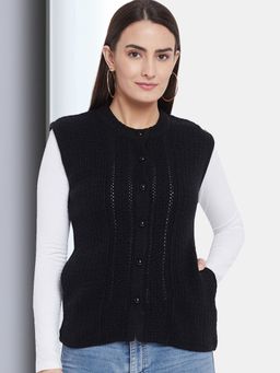 CLAPTON - Womens Wool Blend Black Sleeveless Solid Self Design Round Neck Cardigan