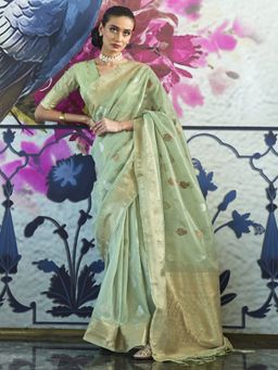 Akhilam - Women Silk Blend Green Woven Design Designer Saree with Blouse Piece