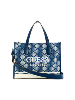 Guess - Navy Blue Woven Silvana 2 Comp Tote Bag with Detachable Strap