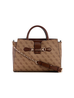 Guess - Brown Monogram Nolana Girlfriend Satchel Bag with Detachable Strap
