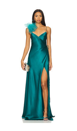 The Sei - Wrap Gown With Detachable Ostrich Trim