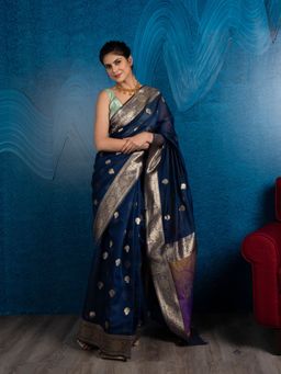 Beatitude - Navy Blue Ethnic Motifs Zari Silk Blend Banarasi Saree with Unstitched Blouse
