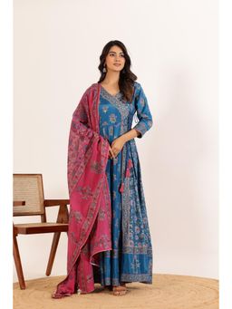 GANGA GRACE - Blue Floral Printed Angrakha with Dupatta