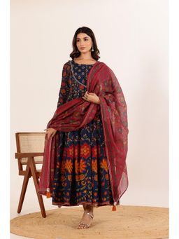 GANGA GRACE - Navy Blue Floral Printed Anarkali with Dupatta