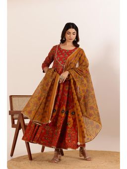 GANGA GRACE - Rust Floral Printed Anarkali with Dupatta