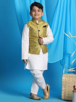 Vastramay - Boys Yellow & White Jacket With Kurta & Pyjama (Set of 3)