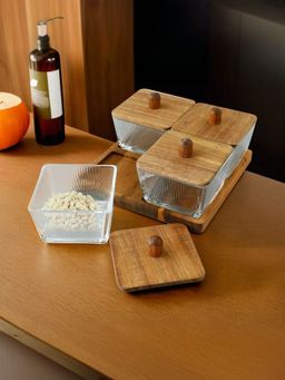 The Better Home - Serving Wooden Tray with 4 Jars, 220ml (Set of 5)