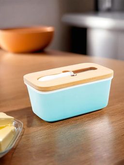 The Better Home - Blue Ceramic Butter Container with Bamboo Lid & Ss Knife