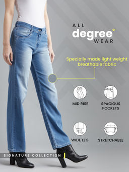 DOLCE CRUDO - Women's Light Blue Wide-Leg Mid RiseBlast Effect Light Weight Denim Jeans