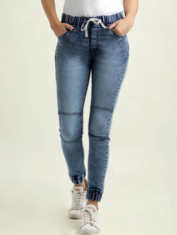 Miss Chase - Women's Blue Relaxed Fit Mid Rise Regular Denim Stretchable Jogger Pants