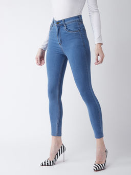 Miss Chase - Women's Blue Skinny High-Rise Distressed Cropped Denim Jeans