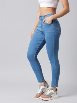 Miss Chase - Women Blue Skinny High Rise Cropped Fringe Detailing Solid Stretchable Denim Jeans