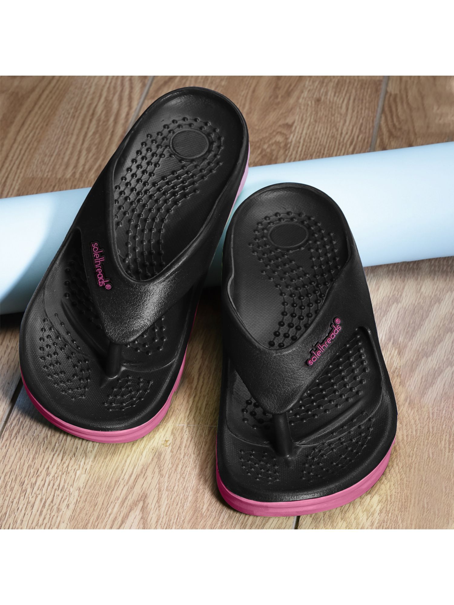 Buy SOLETHREADS Active-ortho Black Solid Women Flip Flops Online