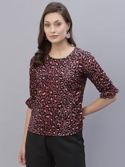 Style Quotient - Women Brown and Black Animal Printed Polyester Smart Casual Top