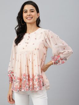 Janasya - Womens Peach Georgette Floral Print Flared Top