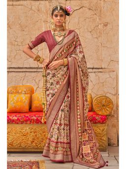 Mysilklove - Rice Cream Printed Patola Saree with Unstitched Blouse