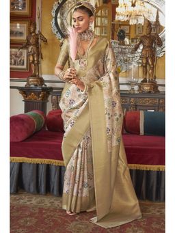 Mysilklove - Pavlova Yellow and Cream Tussah Banarasi Printed Saree with Unstitched Blouse