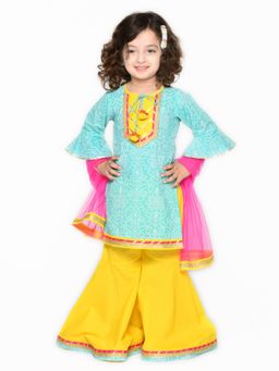 SAKA DESIGNS - Blue and Yellow Cotton Sharara Kurta with Dupatta for Girls (Set of 3)