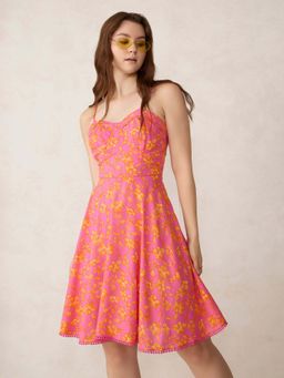Outzidr - Pink Printed Fit & Flare Mini Dress