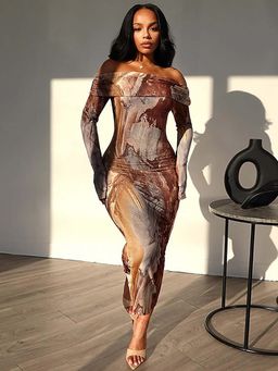 Outzidr - Brown Off-Shoulder Bodycon Maxi Dress