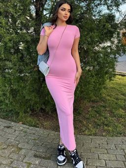 Outzidr - Pink Bodycon Maxi Dress With Short Sleeves