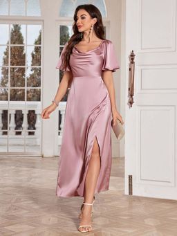 Outzidr - Pink Cowl Neck Slit Maxi Dress