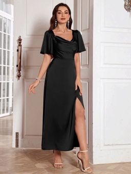 Outzidr - Black Cowl Neck Slit Maxi Dress