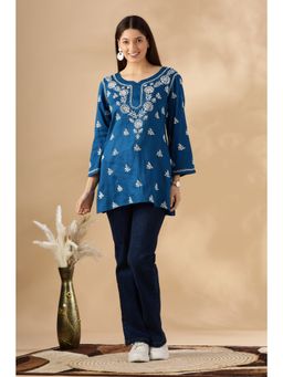 CLUB LOOM - Blue Women's Chikankari Cotton Embroidered Kurti