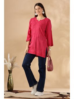 CLUB LOOM - Pink Casual Chikankari Embroidered Cotton Kurti