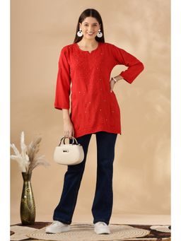 CLUB LOOM - Red Comfortable Cotton Kurti with Chikankari Embroidery for Women
