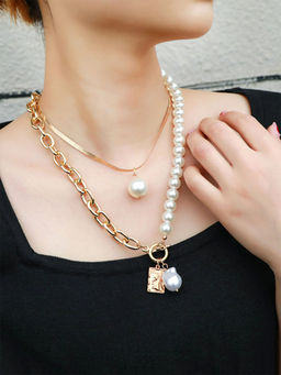 Yellow Chimes - Gold-Plated and White Pearls Beaded Necklace