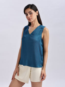 Calvin Klein - Regular Fit Polyester V-Neck Teal Top