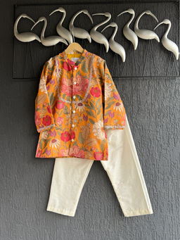 THE WISHING CLOSET - Boys Orange Floral Print Kurta with Pant (Set of 2)
