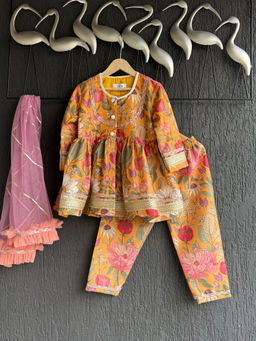 THE WISHING CLOSET - Girls Orange Flower Print Kurta with Pant & Dupatta (Set of 3)