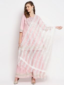 Dupatta Bazaar - Womens Off White Striped Organza Dupatta