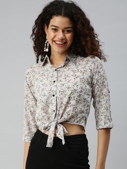 SHOWOFFFF - Women Collar Neck Three Fourth Sleeves Floral Grey Crop Top